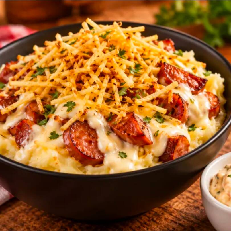 Nossa batata em formato de purê, recheada com salsicha e requeijão cremoso de alta qualidade. Finalizada com batata palha crocante e acompanhada da nossa maionese temperada.