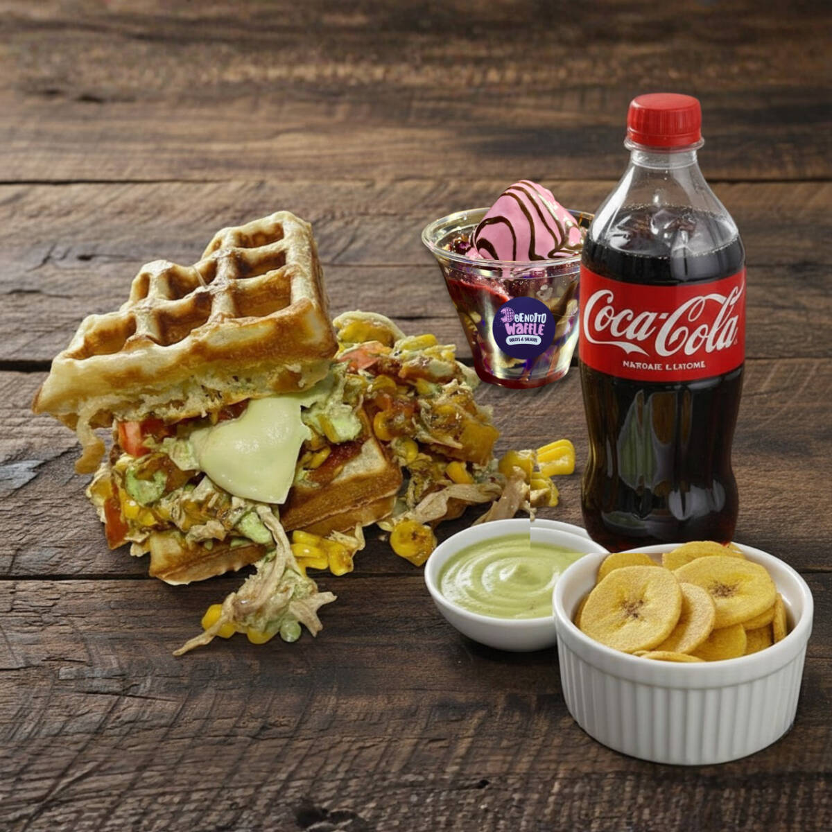 Waffle Milagroso + Gaseosa + Platanitos + Postre