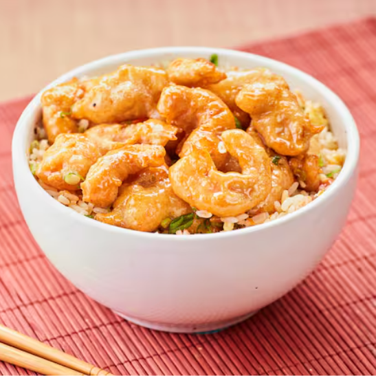 Nossa receita especial de Camarão Chinês Frito Ao Molho a Sua Escolha é acompanhada do nosso arroz yakimeshi, com flocos de ovos que dão aquele toque final.