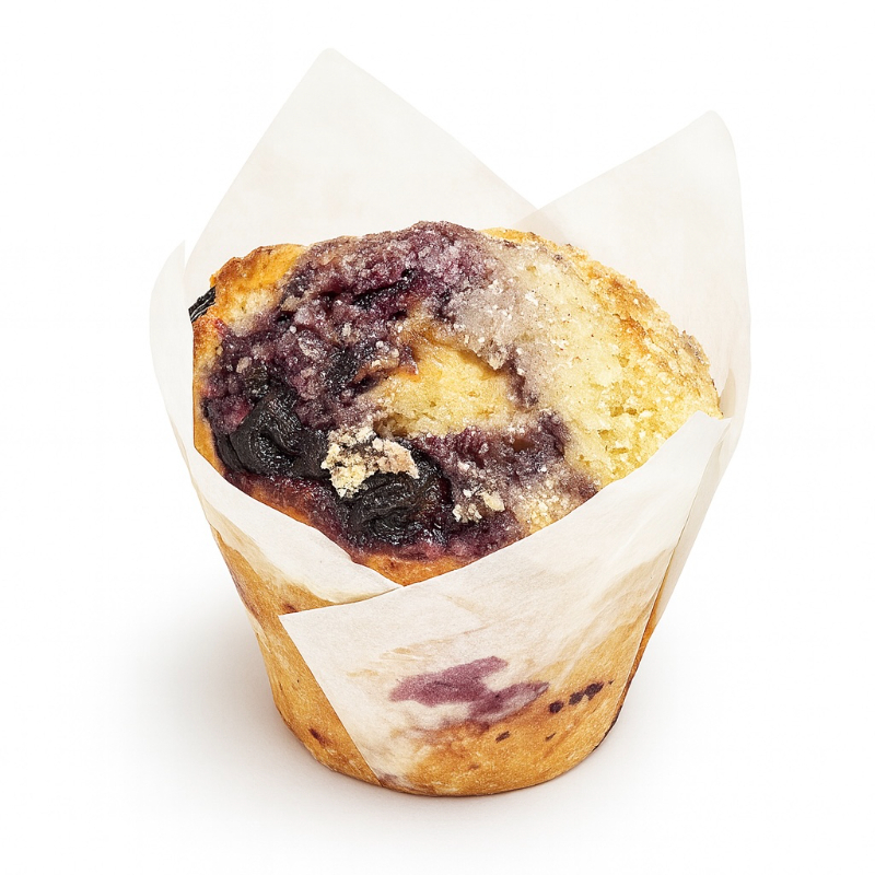 Muffin com mirtilos inteiros e uma generosa camada de crumble de limão no topo. Refrescante e delicioso, como a Primavera. Aprox. 100g