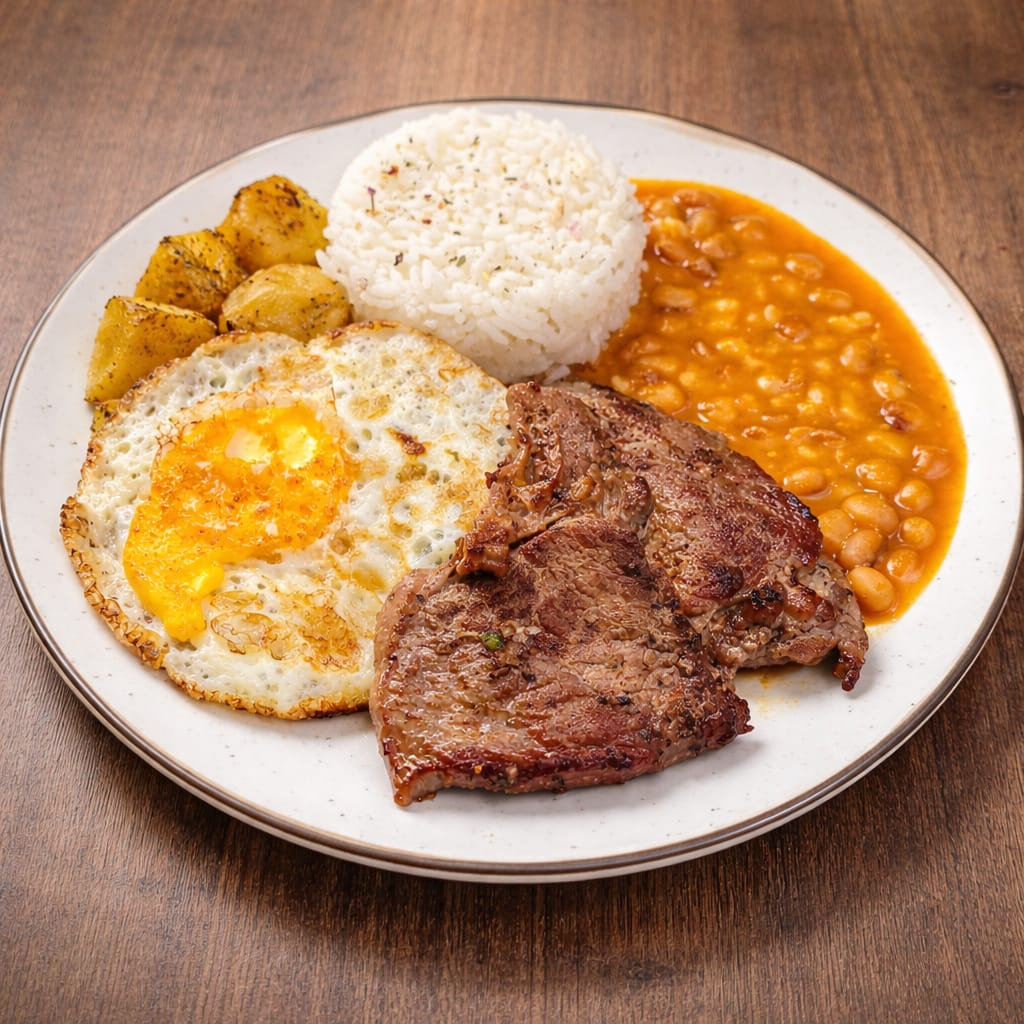 Contra filé grelhado acompanhado de arroz soltinho, feijão caseiro, batata rústica dourada e ovo frito