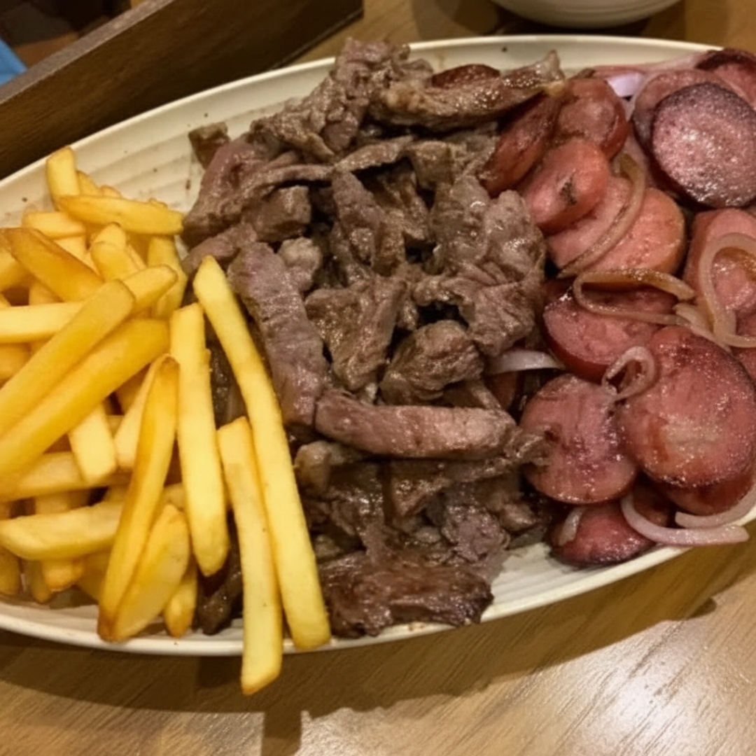 “Combinação perfeita: tiras de contra-filé suculento, linguiça toscana douradinha e cheia de sabor, tudo preparado no ponto certo. Acompanhado de uma porção caprichada de batatas fritas bem crocantes. Um prato simples, farto e irresistível pra quem ama carne de verdade.”