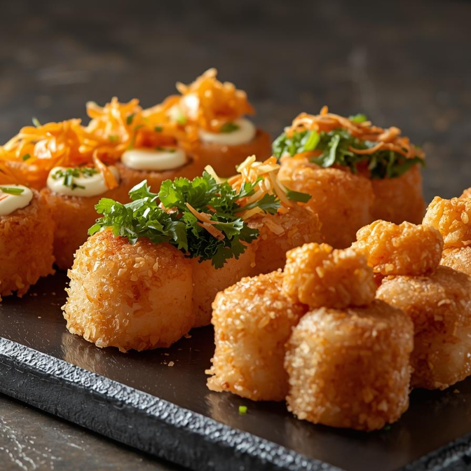 20 unidades de Hot Roll, crocantes e dourados, com 4 finalizações diferentes: 5 com Doritos, 5 com Cream Cheese e Cebolinha, 5 com Couve Crocante e 5 com Camarão.