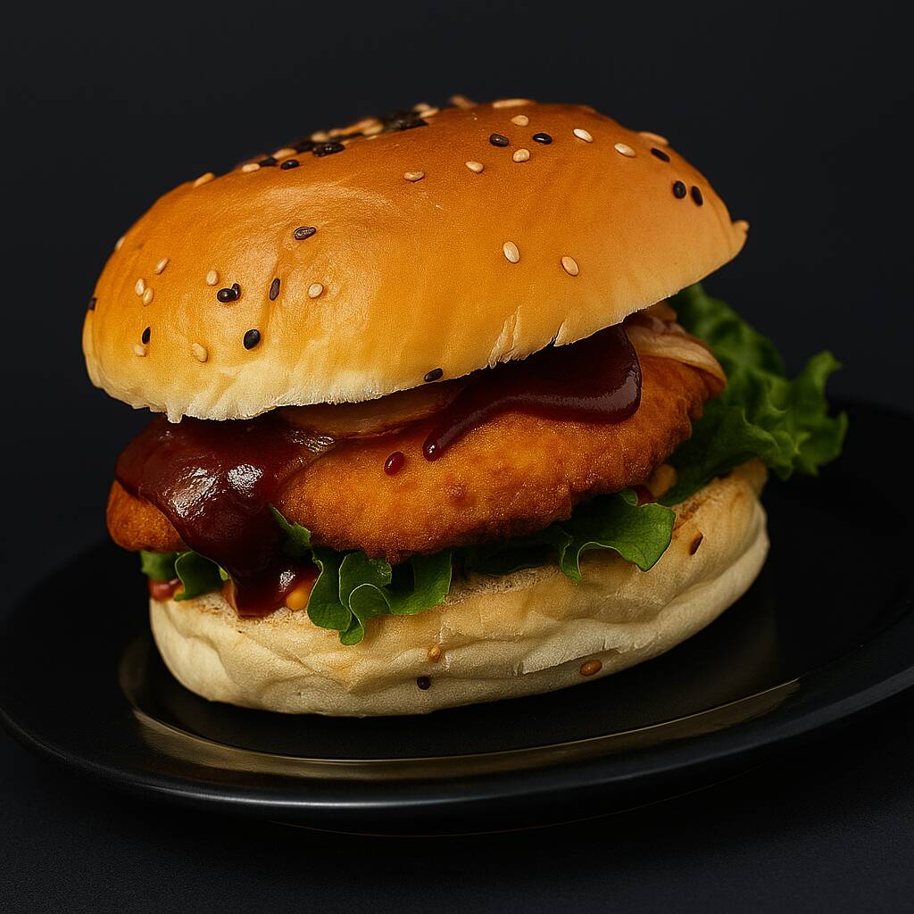 Hamburguesa de Pollo Empanizado Con Salsa BBQ