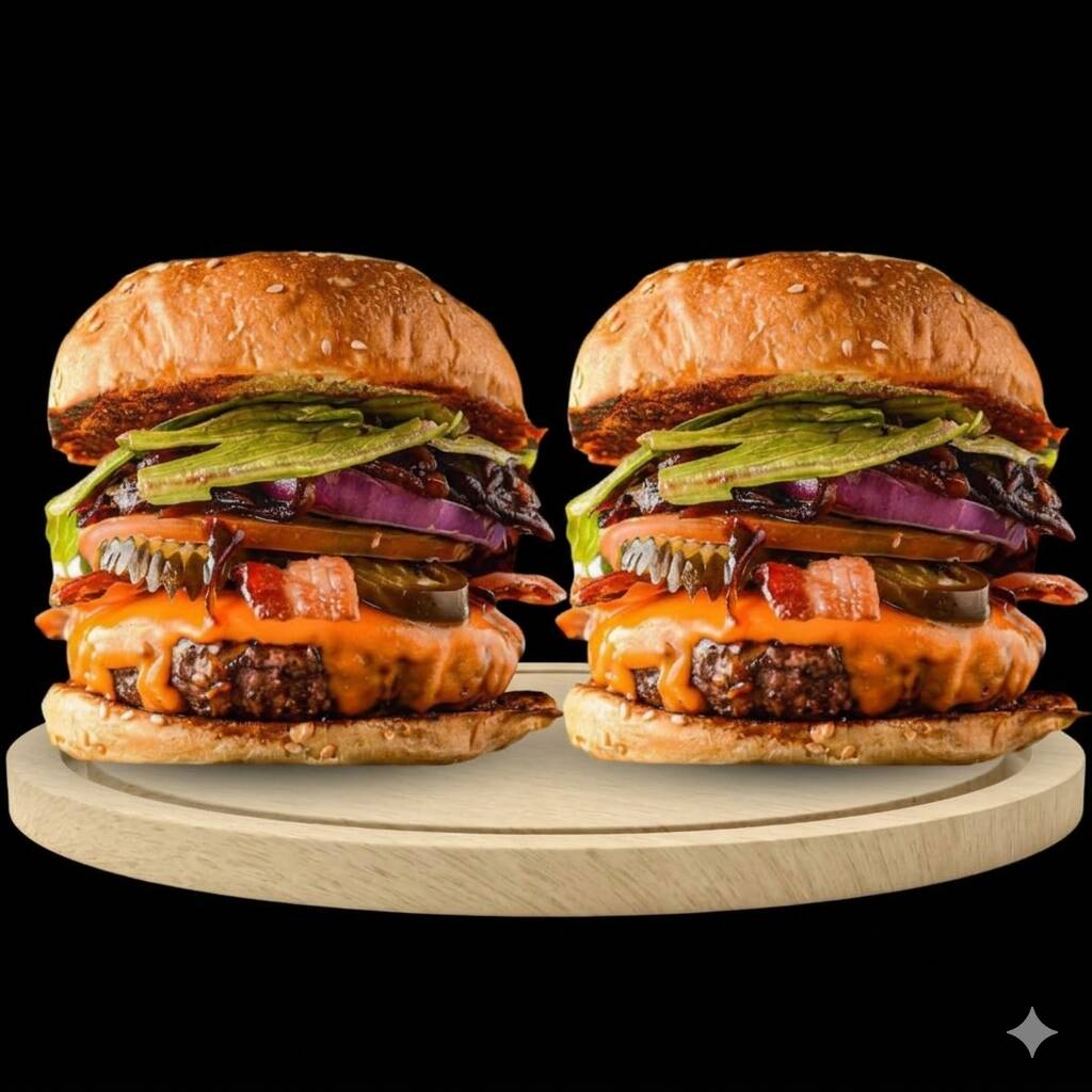 2 Burguer Artesanal + Refri 1lt
1 carne bovina 90g, cheddar, catupiry, bacon em cubos, cebola roxa, salada rica e molho do chefe.