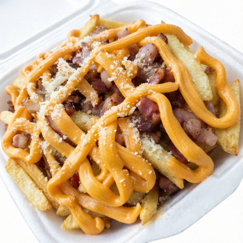 Batata frita ,Bacon e cheddar,sal e queijo ralado.