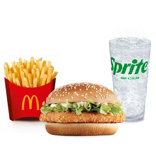 Frango empanado, maionese, alface americana e pão com gergelim, acompanhamento e bebida