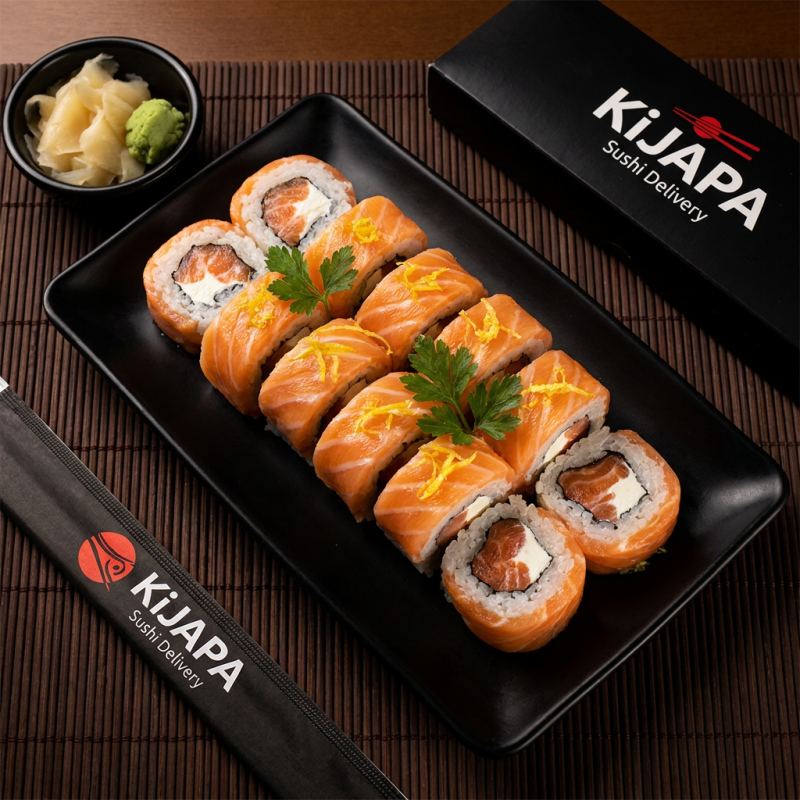 Makimono sem nori (alga) com salmão e cream cheese finalizado com tiras de salmão e raspas de limão