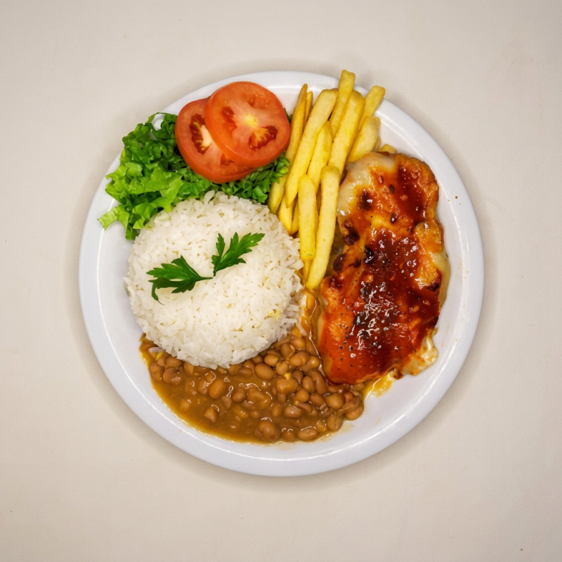 Parmegiana (escolha a sua!) com arroz, feijão carioca, farofa e batata frita. O sabor de comida caseira que você já conhece.