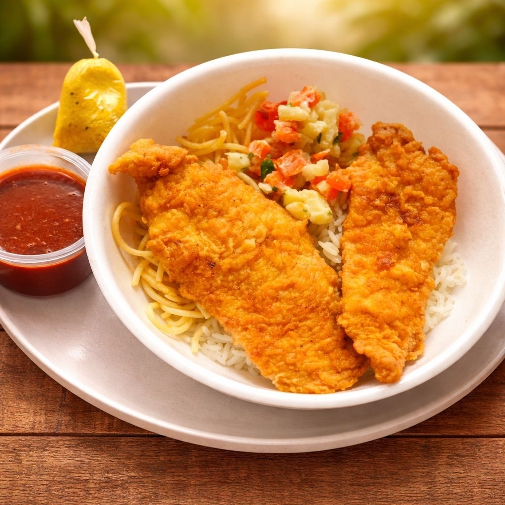 Frango empanado, arroz, macarrão, feijão, farofa e salada do dia