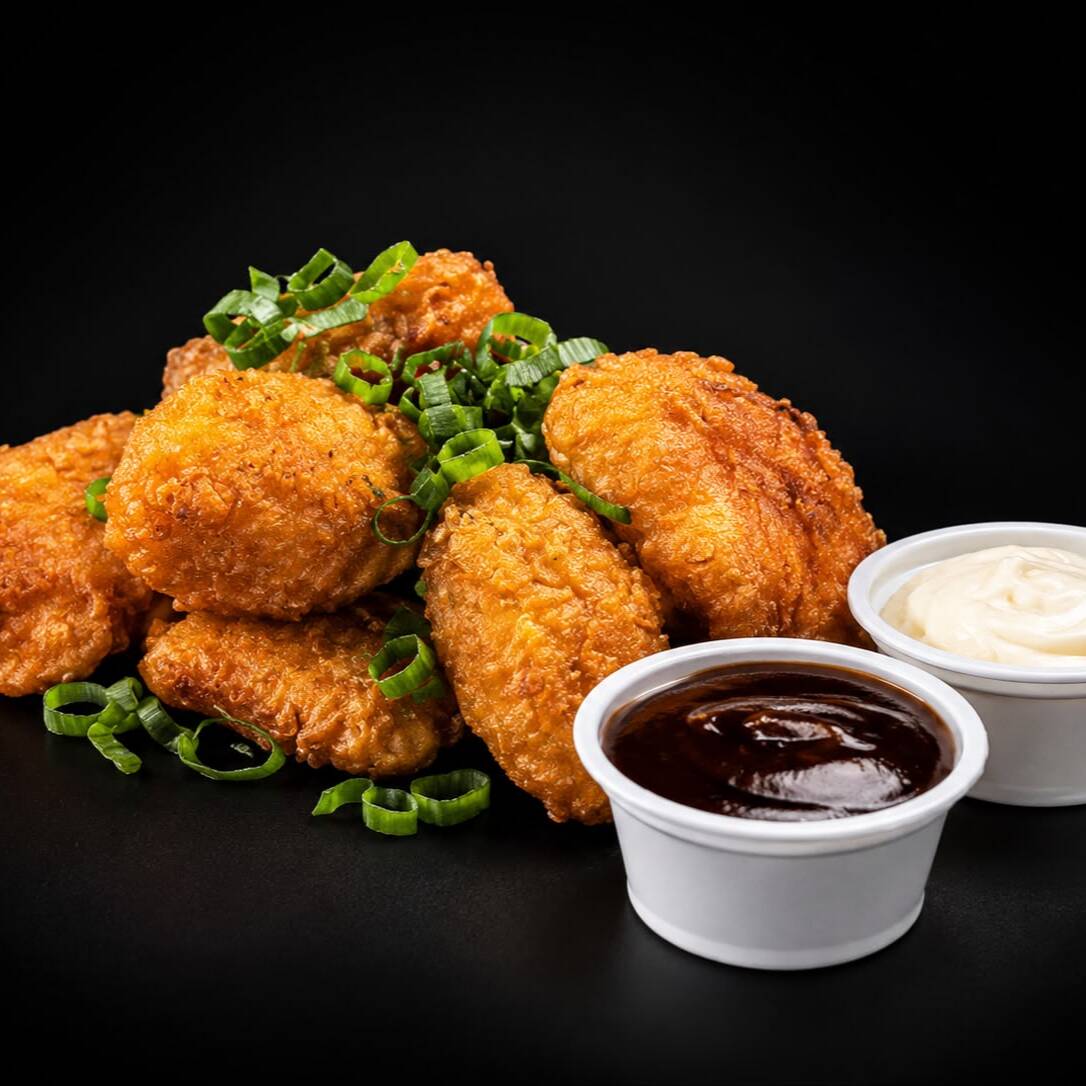 Iscas de frango fritas, cebolinha picada, maionese da casa e molho barbecue. ( Aprox.310g )