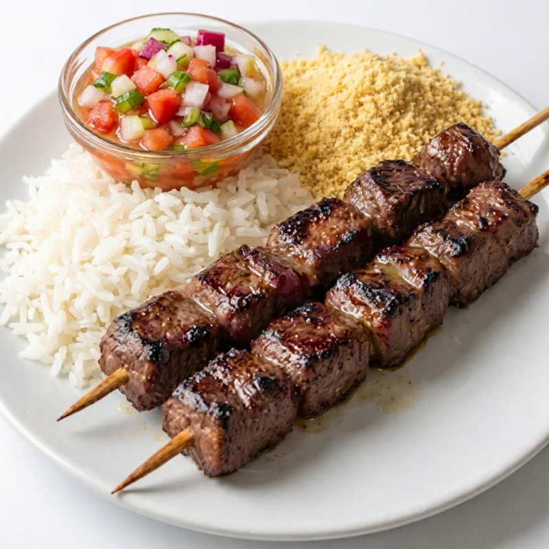 2 Espetos de Alcatra, Arroz, Farofa e Vinagrete