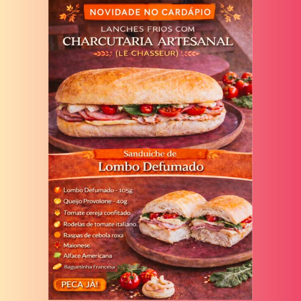 * Lombo Defumado - 105g. * Queijo Provolone - 40g. * Tomate cereja confitado. * Rodelas de tomate italiano. * Raspas de cebola roxa. * Maionese. * Alface Americana. * Baguetinha Francesa. Alta qualidade, nada de massa em forma, todos os produtos são produzidos a partir de partes/peças in natura da proteína. Irresistível, super recheado com os melhores produtos selecionados, e frescos.