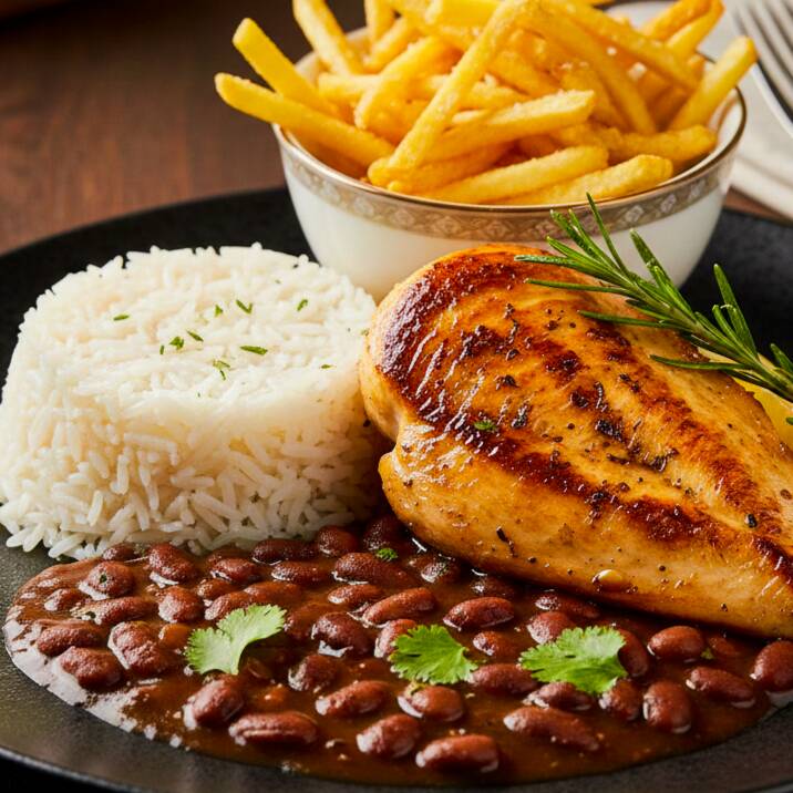 Peito de Frango Grelhado com tempero de sal e especiarias. Acompanha, Arroz branco, Feijão Carioca e Fritas. Assim mantendo a leveza e a Proteína em destaque. É a busca ideal para quem quer uma opção saudável!