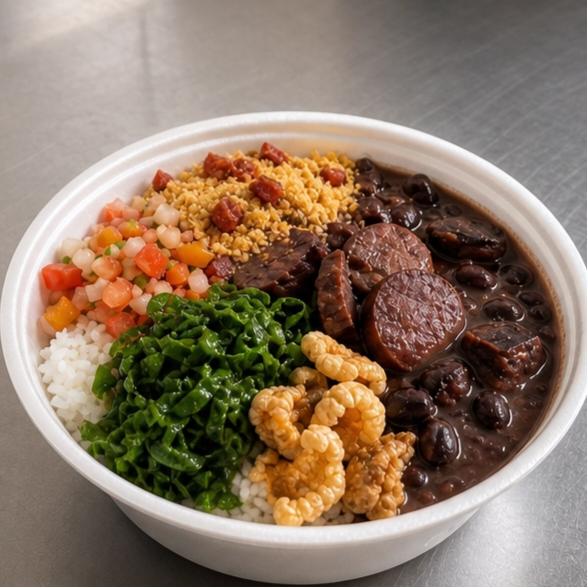 Nossa feijoada vem completa: feijão preto bem temperado, arroz soltinho, couve refogada, farofa crocante, vinagrete fresquinho e torresmo sequinho. Sabor de comida feita com carinho. Marmita Pequena - serve 1 pessoa.