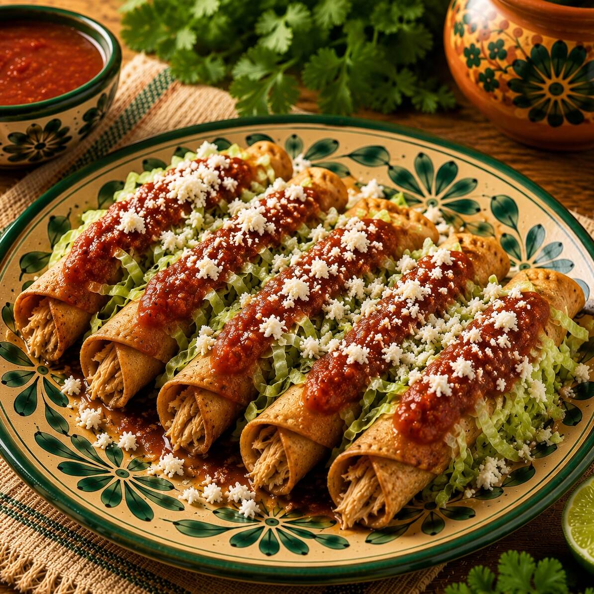 Orden de Tacos Dorados de Queso Salsa de Tomate