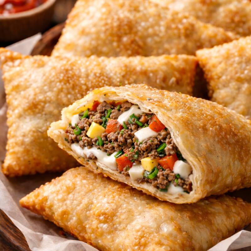 Pastel dourado, sequinho e super crocante, recheado com carne moída e Ovo