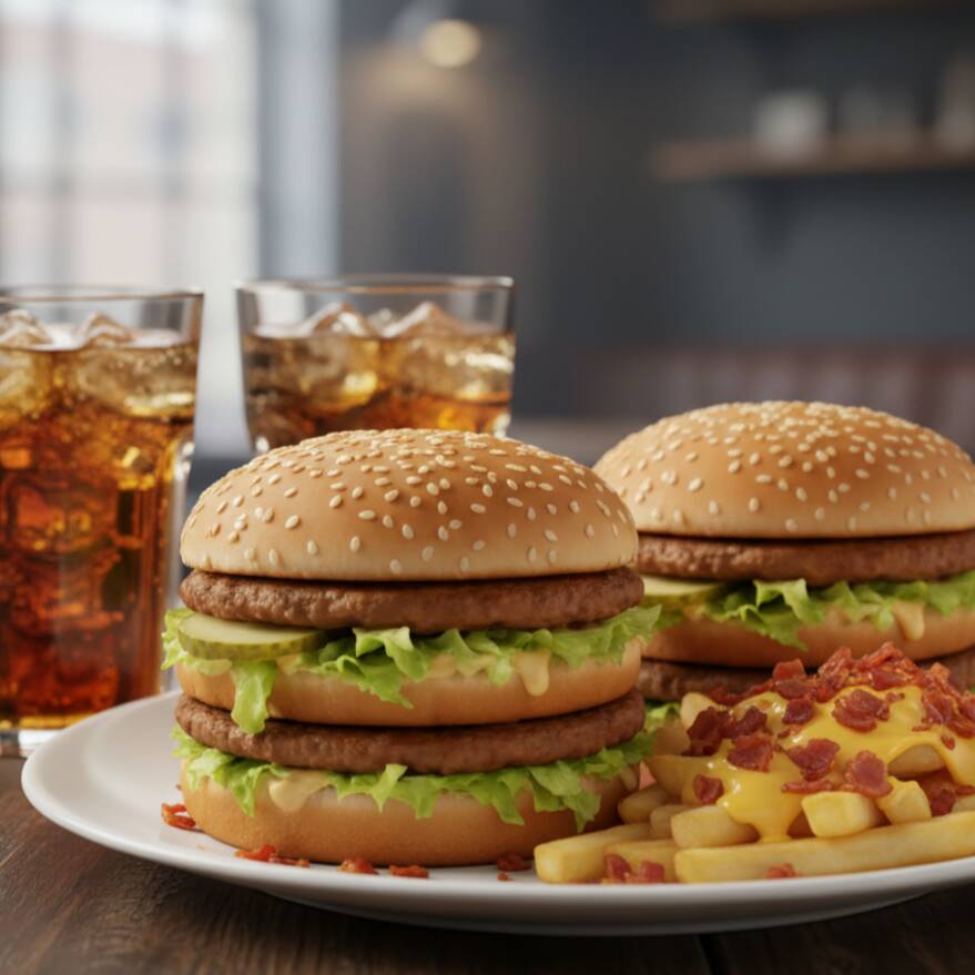 02 unidades lanche Big + 1 Barca de batata frita com cheddar e bacon + 2 Refrigerantes lata 269ml (refrigerante conforme disponibilidade). Lanche Big: Pão, alface americano, dois hambúrguers, e molho especial. Serve 2 pessoas