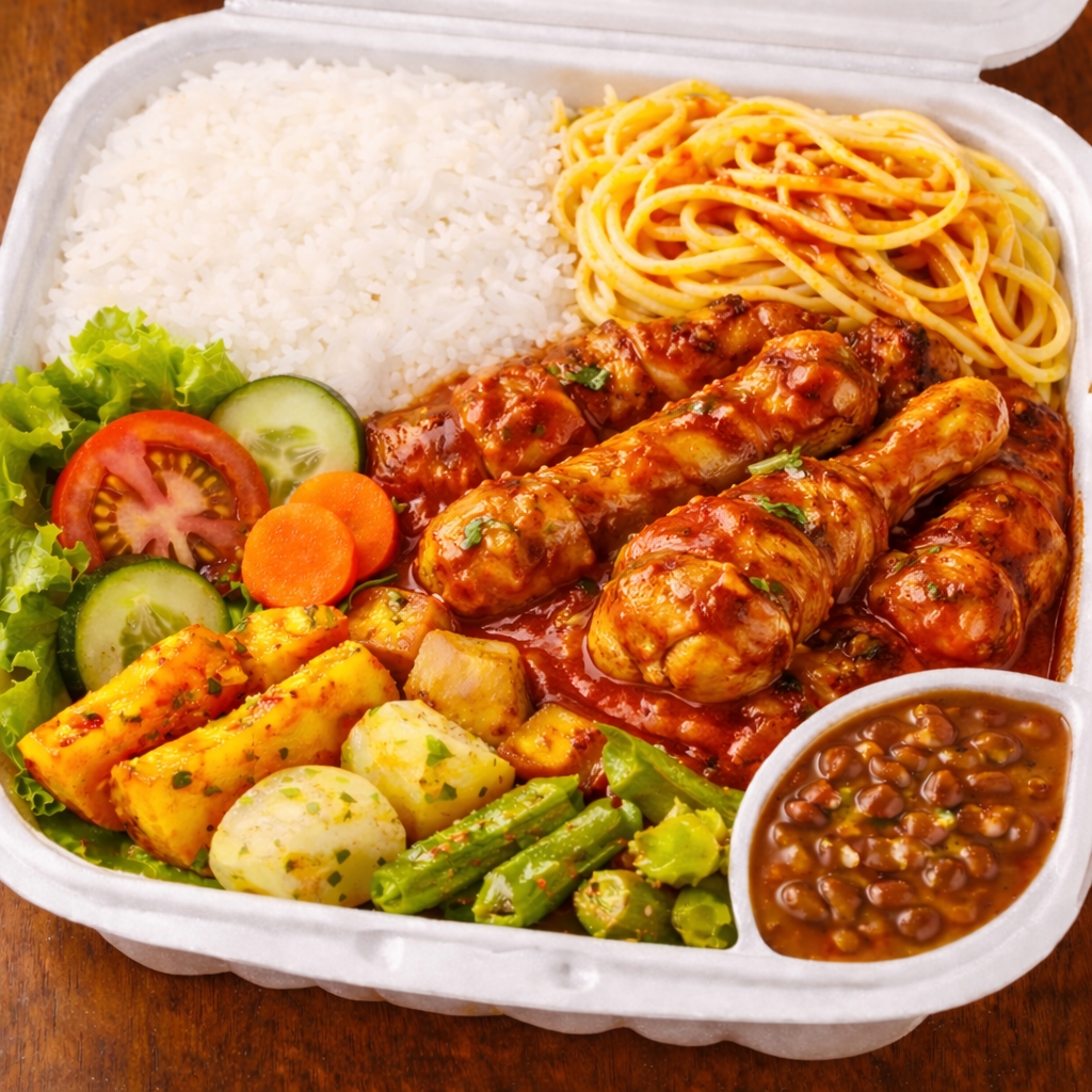 Acompanha: arroz, feijão de caldo, macarrão, carne do dia, verduras refogadas e salada em potinho separado.