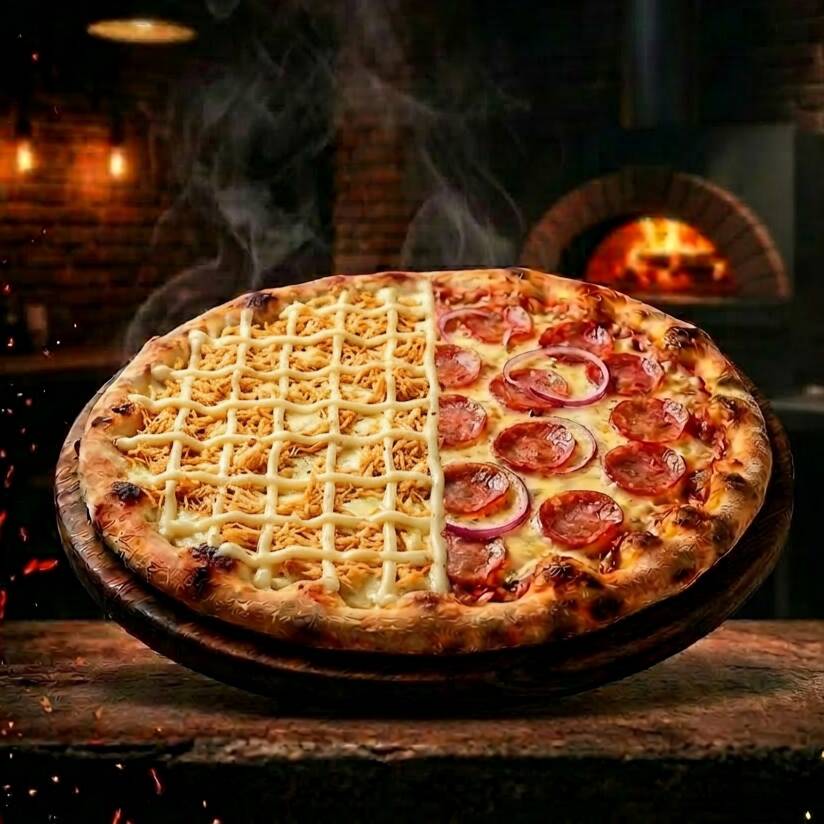 Pizza salgada preparada com massa fresca, molho especial, queijo de qualidade e ingredientes selecionados. Assada na hora para garantir muito sabor em cada fatia.