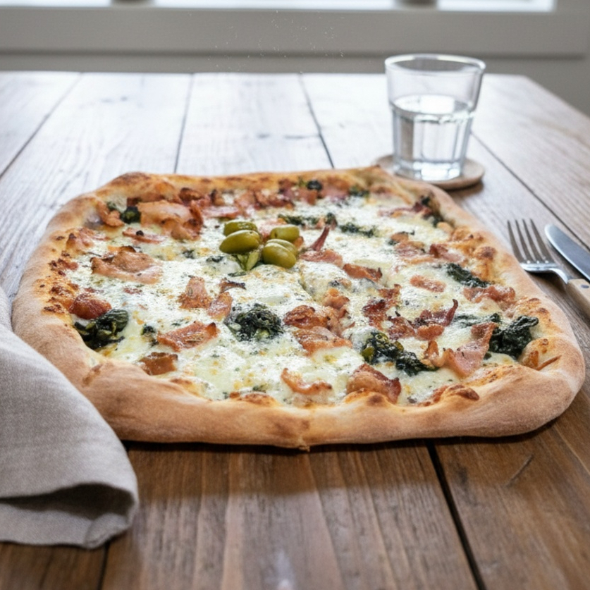 Base de mussarela, escarola temperada e bacon