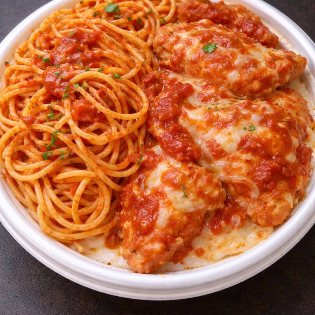 Macarrão molho vermelho e Frango a Parmegiana mini