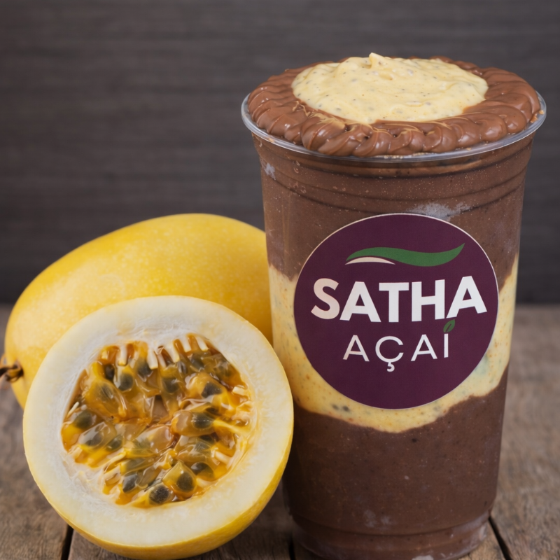Açaí premium com camadas de creme de avelã e mousse de maracujá