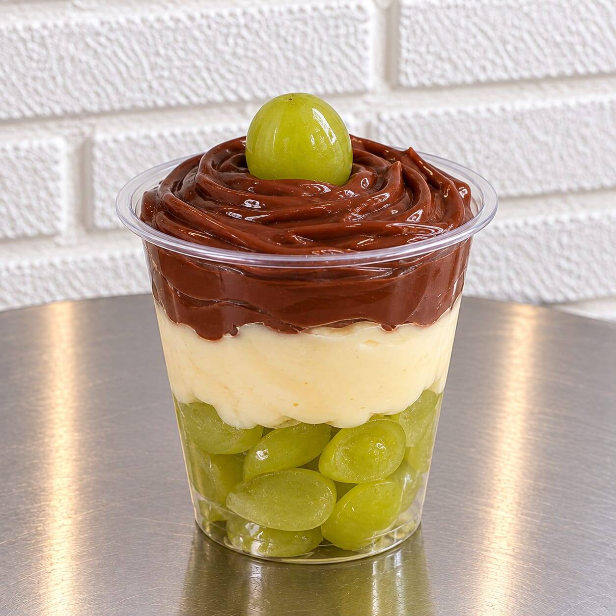 Nosso copo tem uvas verdes sem sementes com ninho cremoso e Brigadeiro Belga. 150ml