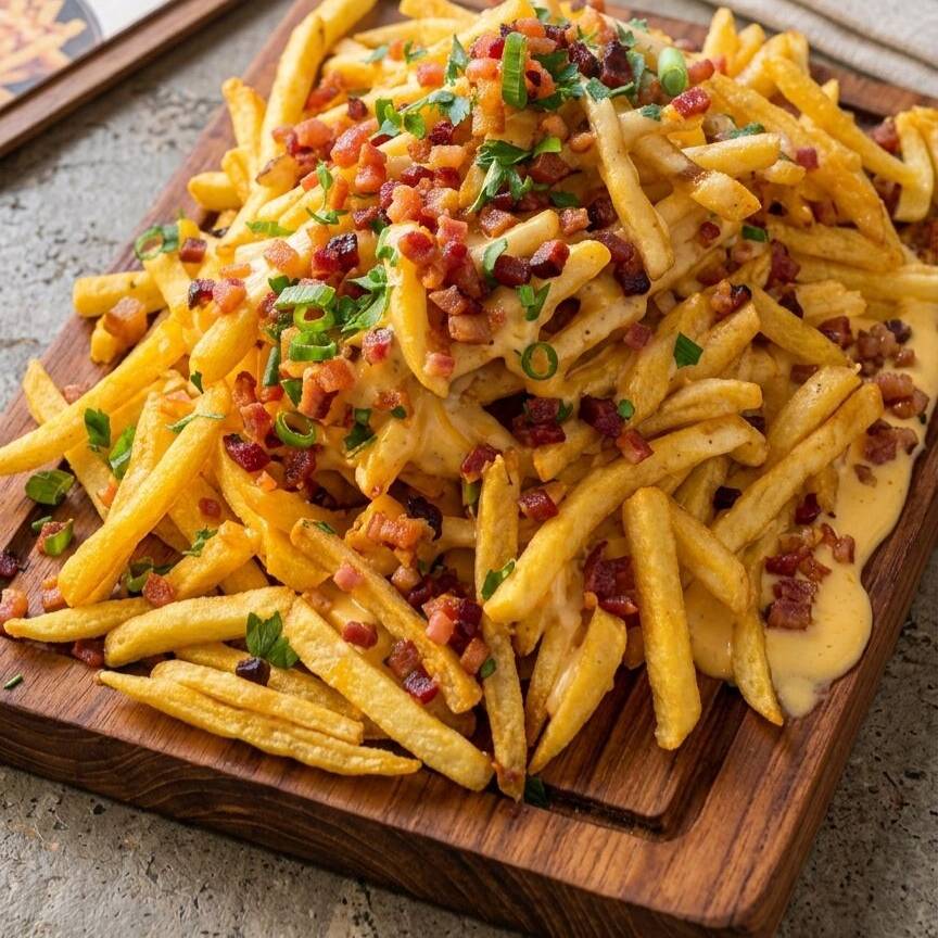 batata frita, molho cheddar por cima com calabresa em cubos