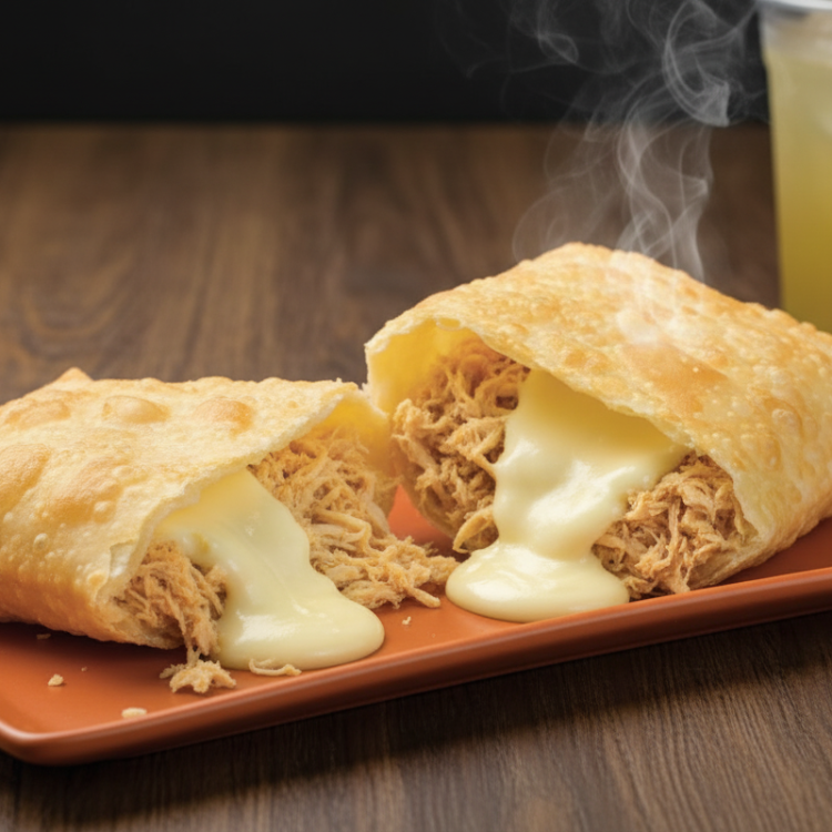 Pastel quentinho e frito na hora, frango desfiado bem saboroso e requeijão cremoso. Irresistivelmente saboroso.