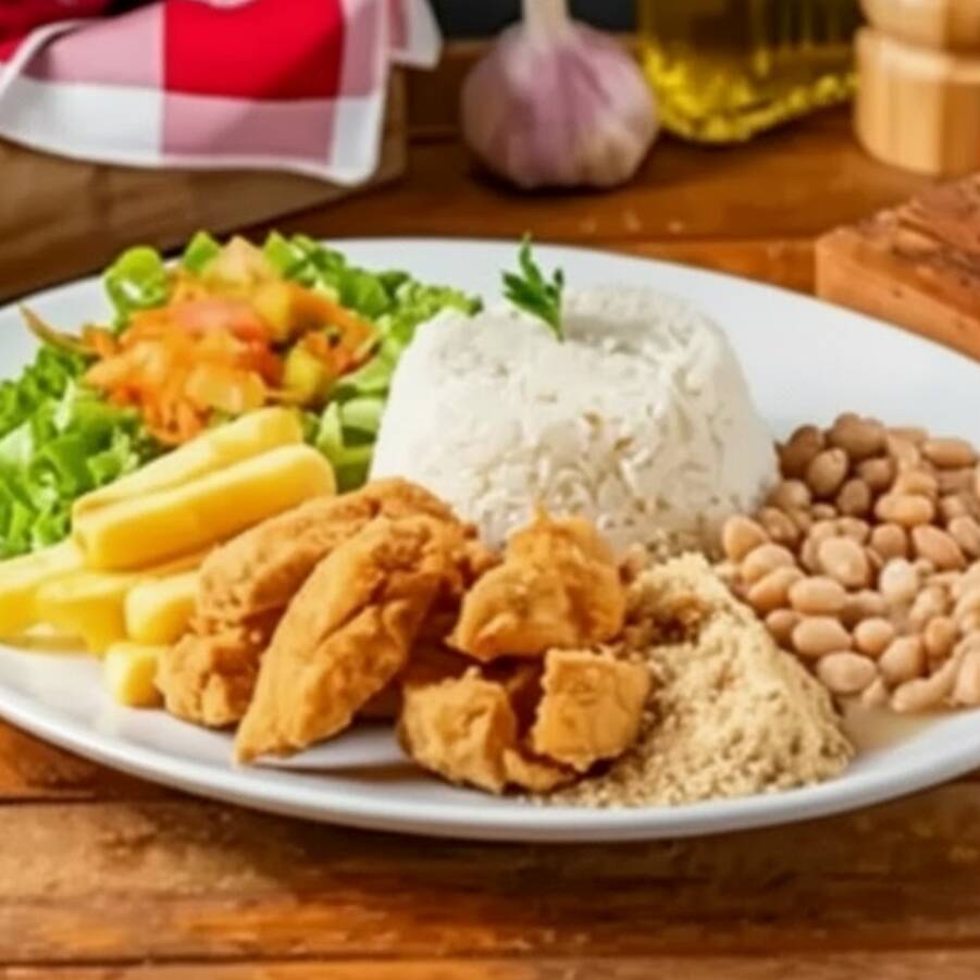 Peito De Frango Empanado Nosso campeão de vendas, prato de Steak (tiras de peito de frango crocante) com o nosso tempero secreto, acompanha arroz, feijão, farofa, a inigualável e exclusiva batata belga frita e salada (alface, cenoura e tomate).