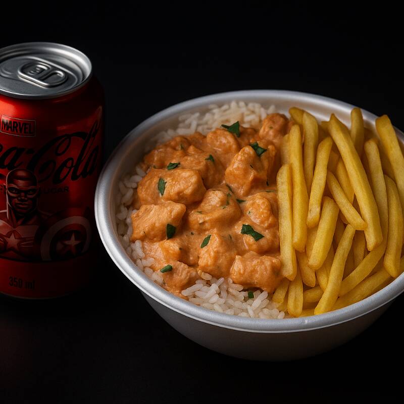 Strogonoff de Frango – peito de frango selecionado, cortado em cubos macios e preparado no cremoso molho à base de creme de leite e temperos especiais. Acompanha batata frita crocante e dourada, além de arroz branco soltinho para completar a experiência.