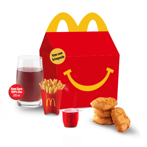 O McLanche Feliz acompanha 4 chicken McNuggets com tomatinho ou McFritas como acompanhamento, uma refrescante bebida e Petit Suisse do Méqui como sobremesa. Brinquedo sujeito a disponibilidade de estoque por restaurante. Confira informações nutricionais e