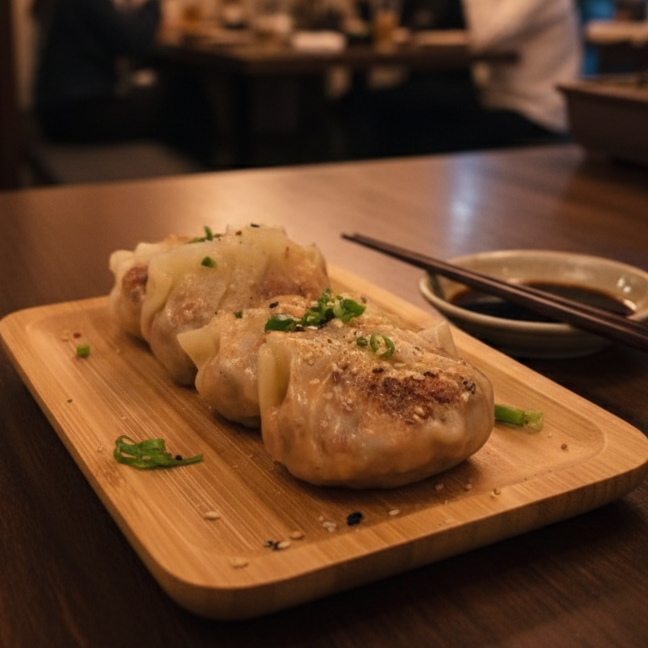 Gyoza de Legumes finalizado com Gergelim e Cebolinha.