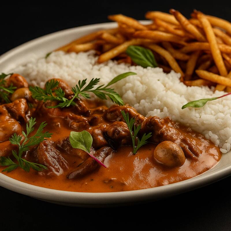 Strogonoff de Frango – peito de frango selecionado, cortado em cubos macios e preparado no cremoso molho à base de creme de leite e temperos especiais. Acompanha batata frita crocante e dourada, além de arroz branco soltinho para completar a experiência.