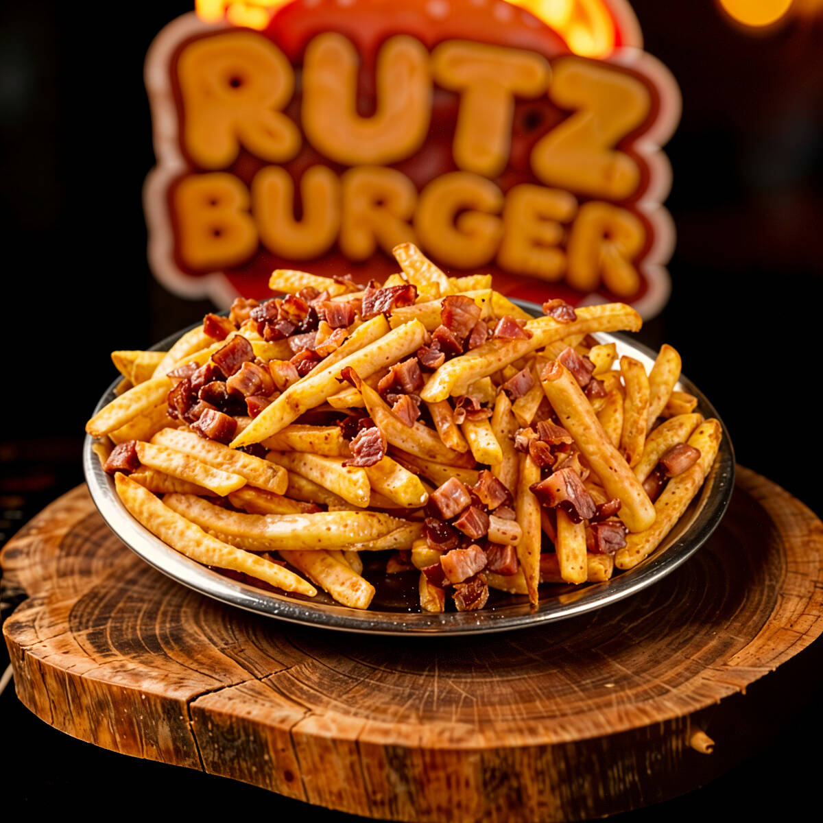 Batata frita crocante coberta com cubos de bacon dourado. Petisco que vira prato principal