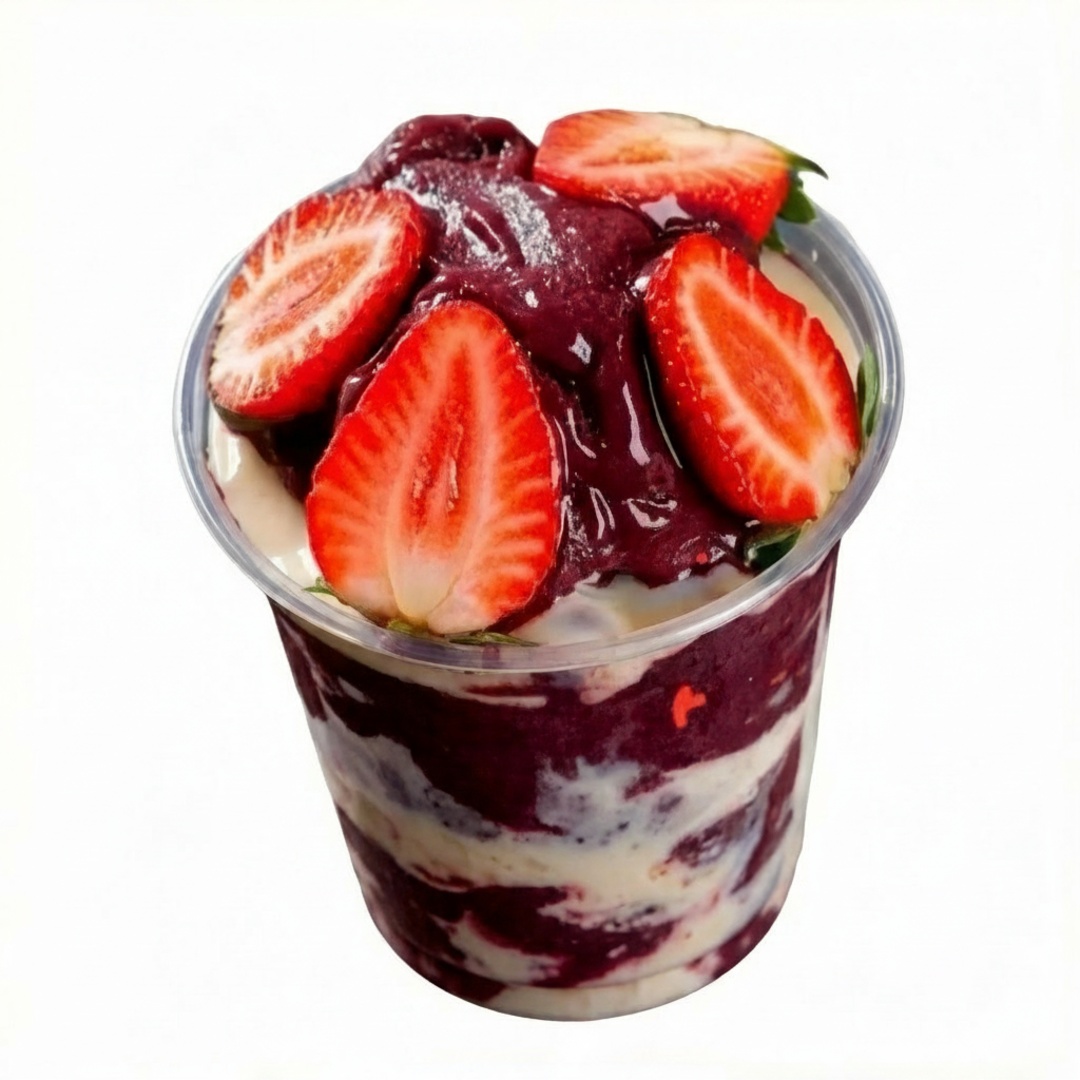 Açai tradicional+morango+granola+leite em pó+leite condensado+creme de avelá aprox 500gr