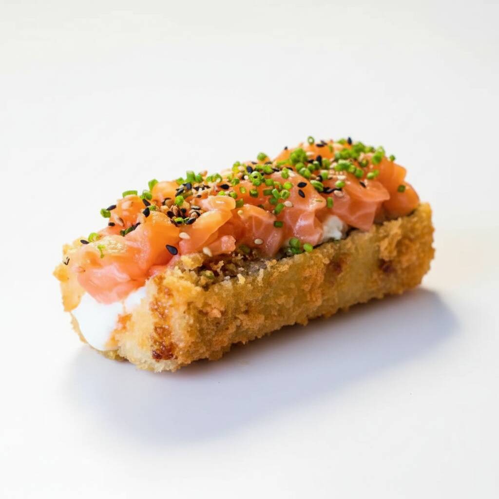 Delicioso enrolado de alga Nori, arroz Shari, empanado em farinha panko e frito em óleo de algodão, recheado com cream cheese, salmão fresco batidinho com cebolinhagrelhado em cubos, finalizado com um delicioso molho tarê da casa, gergelim e cebolinha