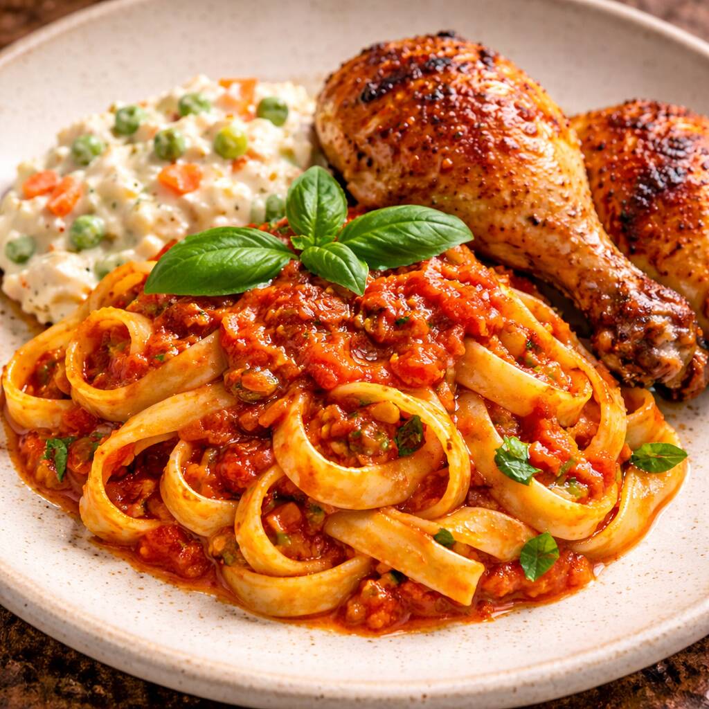 talharim de massa fresca com molho de tomate artesanal, coxa e sobrecoxa assada e maionese.