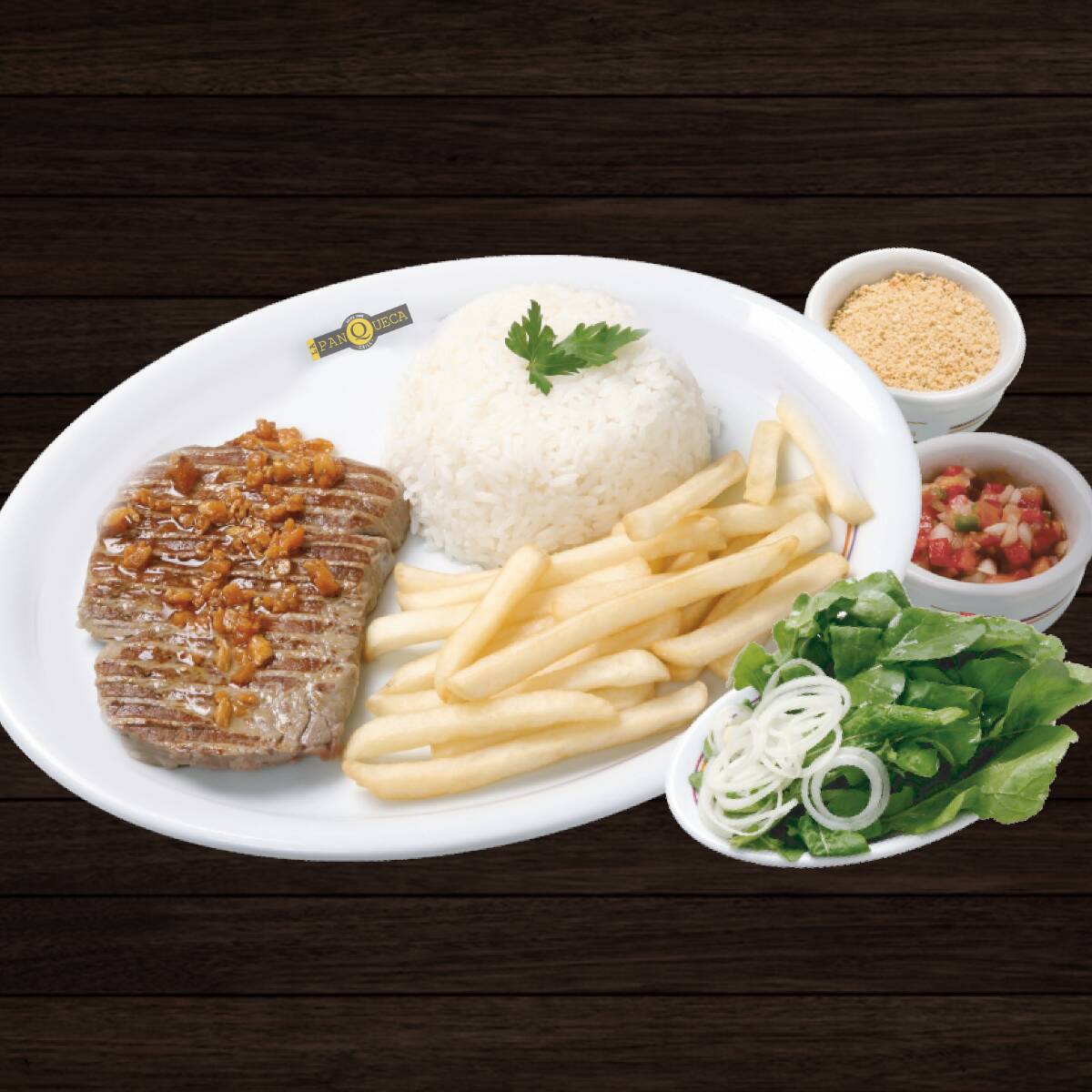 Arroz, Fritas, Vinagrete, Farofa e Salada de Rúcula