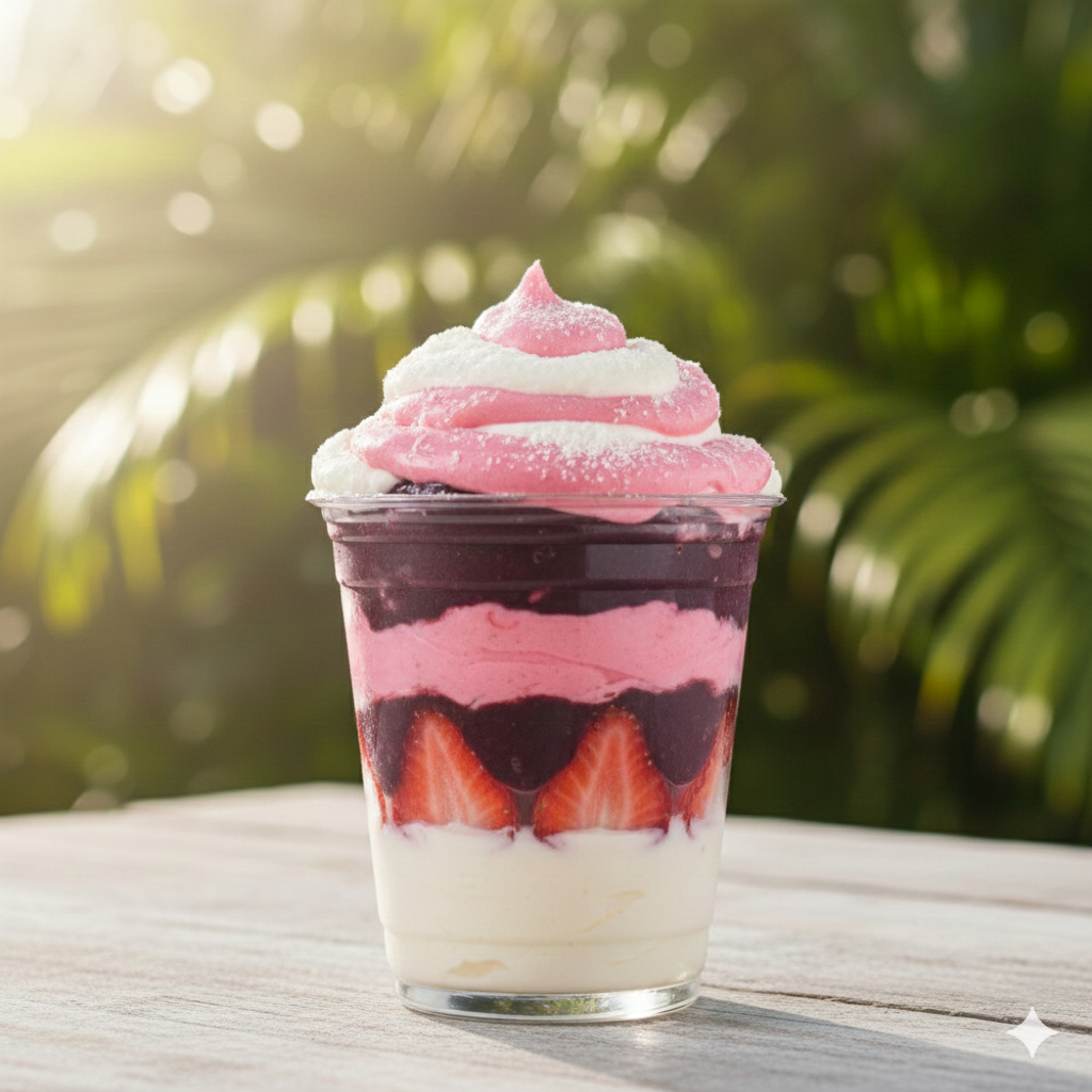 Ingredientes: Creme de Açai,Creme de morango, leite condensado e Côco ralado. Os Compostos já vão montados nos copos. Todos os cremes são artesanais