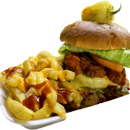 TRANKYBURGER CON BONELESS BUFFALO Y PAPAS