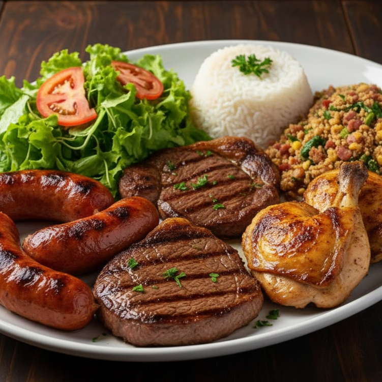 Combinação de três proteínas - 2 toscanas + 2 bifes de carne + 2 sobrecoxas. Total de 6 proteínas. Acompanha arroz, salada e feijão tropeiro
