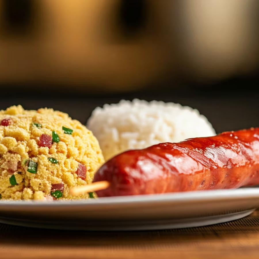 Espeto de Linguiça, Arroz, farofa e Vinagrete