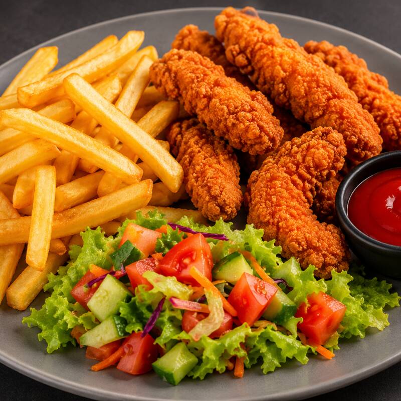 Dedos de Pollo con Ensalada y Papas a la Francesa