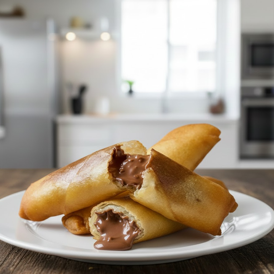 Rolinho primavera ou Harumaki, massa crocante recheado com chocolate e coco. Feito com pasta Prestígio.