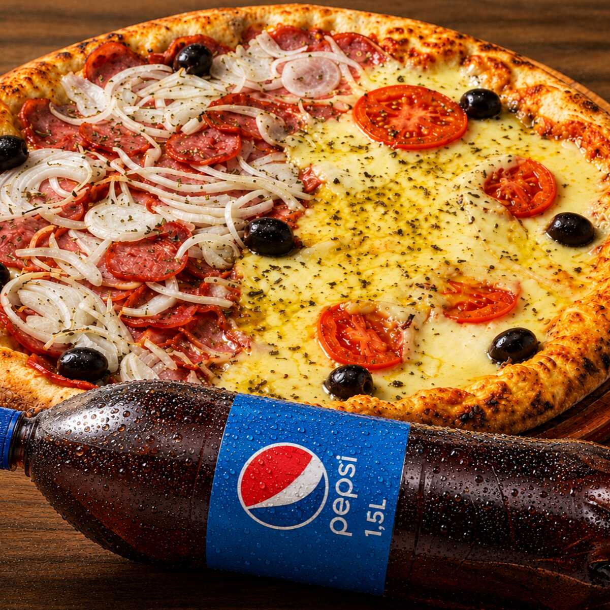 Peça uma pizza grande (2 sabores) e ganhe uma Pepsi Cola 1,5L totalmente Grátis! 🔥