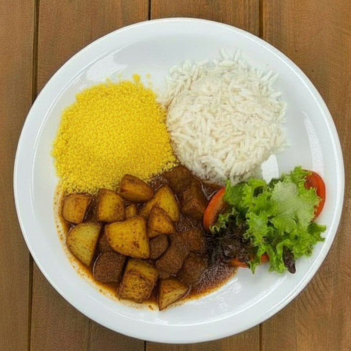 Carne de panela macia e bem temperada, feita na pressão com alcatra (miolo), acompanhada de arroz soltinho, farofa crocante, batatas cozidas e salada fresca. Sabor caseiro do Aruá que conforta e mata a fome de verdade.