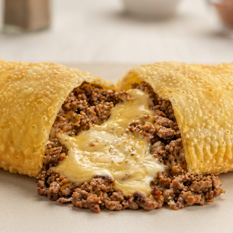 Pastel de Carne Moída temperada e Queijo Mussarela. Obs: Não fazemos alterações de ingredientes.