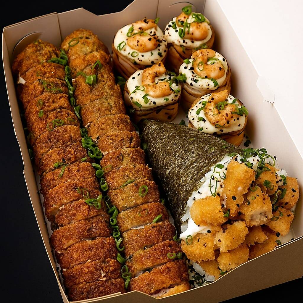 14 Carioca de Salmão, 14 Carioca de Kani, 5 Ebi Joy e 1 Temaki de camarão